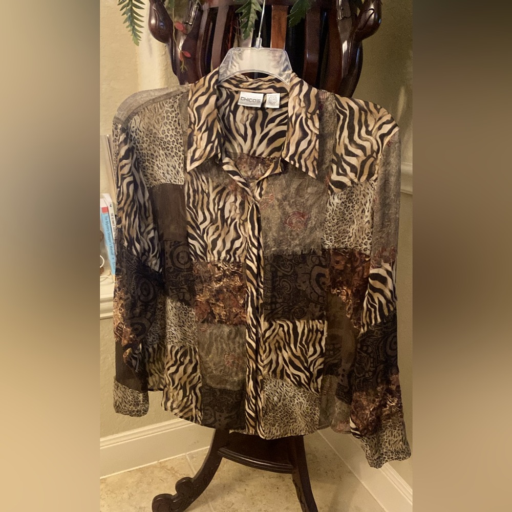 Chicos- Sheet Animal Print Patchwork Button Up Blouse - Chicos Size 3